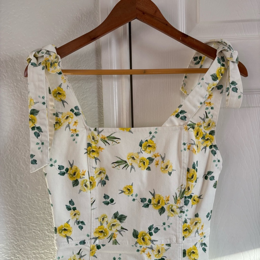 Alice + Olivia Maryann Tie Shoulder Mini Dress Yellow Floral White Denim size 4 - Picture 9 of 9